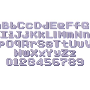 May include: A pixelated alphabet and number set in a light purple color. The letters and numbers are in a blocky, retro style.