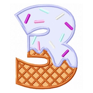 May include: An ice cream cone shaped like the number three, with purple and white ice cream and colourful sprinkles.