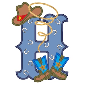 Botas y sombrero de vaquero de rodeo con lazo, aplique de letra con motivo de pañuelo, letra H, diseño de aplique bordado a máquina de 5 x 7
