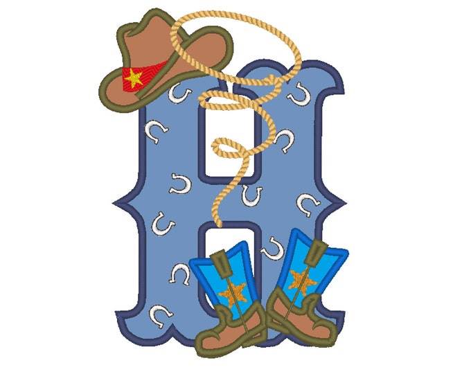 Farm farmer Cowboy rodeo lasso boots and hat applique letter with bandanna motif, letter H, machine embroidery applique design 5x7