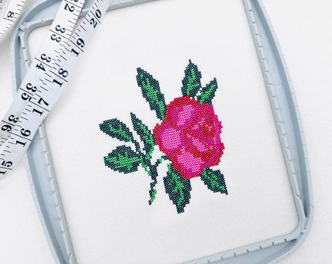 Cross Stitch Rose Peony Flower machine embroidery designs garden floral branch with leaves kids girls design sizes 4.5 up to 6.5 inches