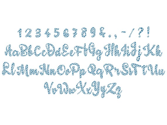 ポルカドットアルファベットフォントスクリプト文字と数字機械刺繍