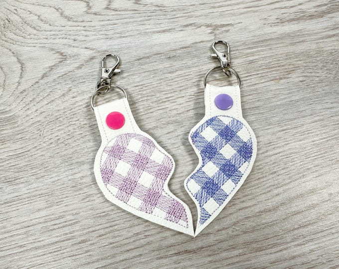 Buffalo Plaid Split Heart Eyelet and Key Fob Snap Tab keychain in the hoop machine embroidery designs ITH Valentines Day friends bag tag