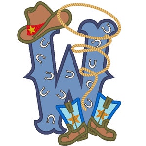 Botas y sombrero de vaquero, estilo rodeo, con lazo, de granjero, con apliques de letra W y motivo de pañuelo, solo letra W, diseño de aplique bordado a máquina, 5 x 7