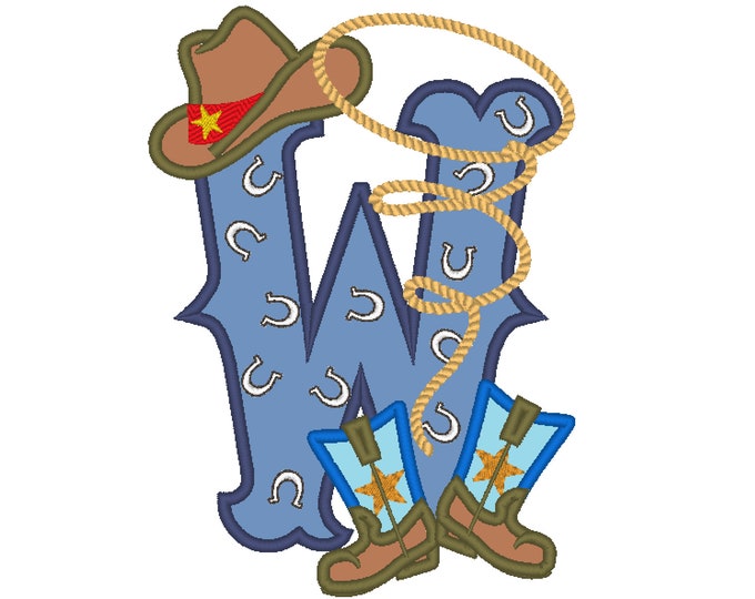 Farm farmer Cowboy rodeo lasso boots and hat applique letter W with bandanna motif, letter W only machine embroidery applique design 5x7
