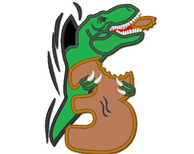 T-rex Birthday number 3, bitten number three rex dinosaur coming out from hole, boy kids machine embroidery applique designs assorted sizes