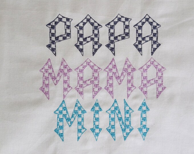 Old fashioned Happy checkered font Mama rocks Papa rocks MINI Font alphabet machine embroidery designs sizes from 1 up to 2.5 inches, BX