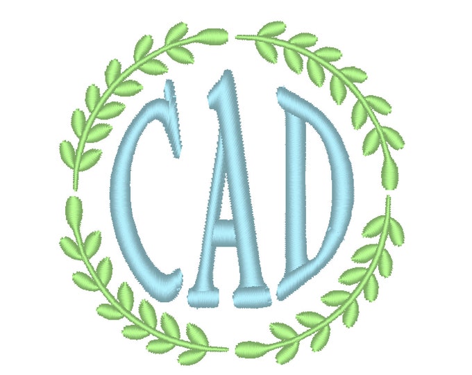Small circle monogram letters and monogram frame laurel leaves, machine embroidery designs in assorted sizes, classy round shape monogram
