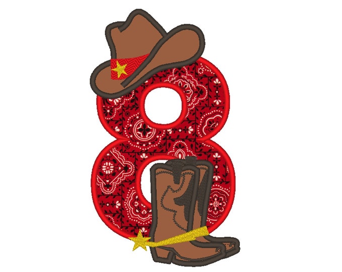 Farm farmer Cowboy rodeo cowboy boots and hat applique number  8 EIGHT  machine embroidery applique designs 5x7 5, 6 and 7 inches
