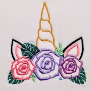 Tropical unicorn face, Rose floral crown kids girl Unicorn head horn shabby chick flower bouquet, machine embroidery designs assorted sizes