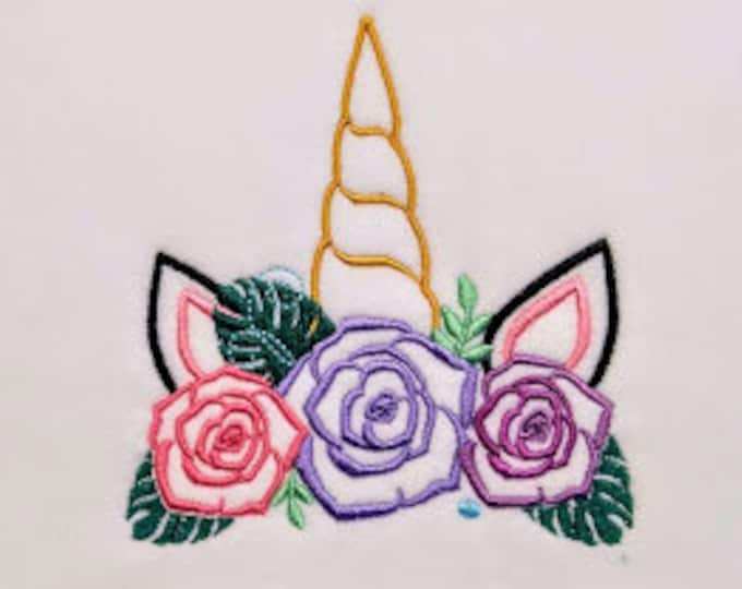 Tropical unicorn face, Rose floral crown kids girl Unicorn head horn shabby chick flower bouquet, machine embroidery designs assorted sizes