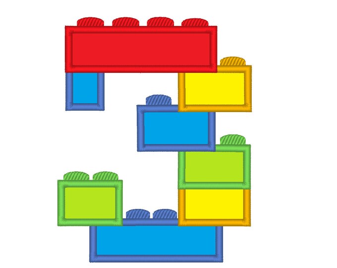 Birthday number 3 three, machine embroidery designs applique in assorted sizes, boys embroidery applique design building block brick toy