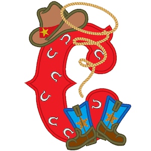 Botas y sombrero de vaquero, granjero, rodeo, lazo, apliques de letra con motivo de herradura, letra C, solo diseños de bordado a máquina, 5x7