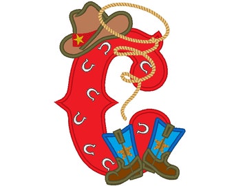 Farm farmer Cowboy rodeo lasso boots and hat applique letter with horseshoe motif, letter C only applique machine embroidery designs 5x7