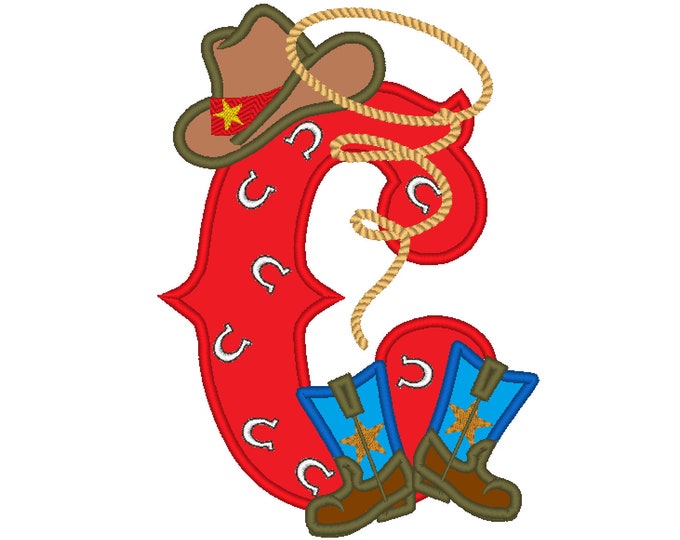 Farm farmer Cowboy rodeo lasso boots and hat applique letter with horseshoe motif, letter C only applique machine embroidery designs 5x7