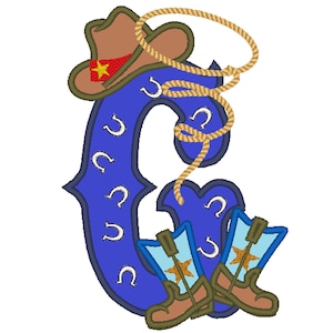 Botas y sombrero de vaquero, rodeo, granjero, lazo, aplique de letra con motivo de pañuelo, letra G, diseño de aplique bordado a máquina, 5x7