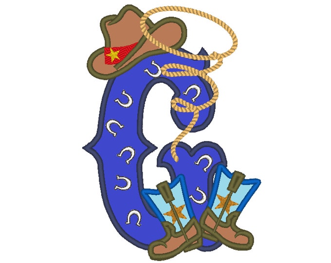 Farm farmer Cowboy rodeo lasso boots and hat applique letter with bandanna motif, letter G, machine embroidery applique design 5x7