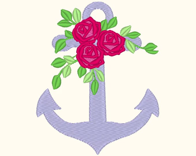 Floral Rose Anchor Machine Embroidery Designs nautical marine anchor embellished with flowers at the top many sizes for hoop 4x4 and 5x7