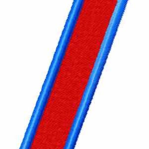 May include: A diagonal slash symbol patch featuring a vibrant red center fill surrounded by a thick, textured blue embroidered border. The shape is elongated and slanted, with clean, stitched edges defining the rectangular-like form.