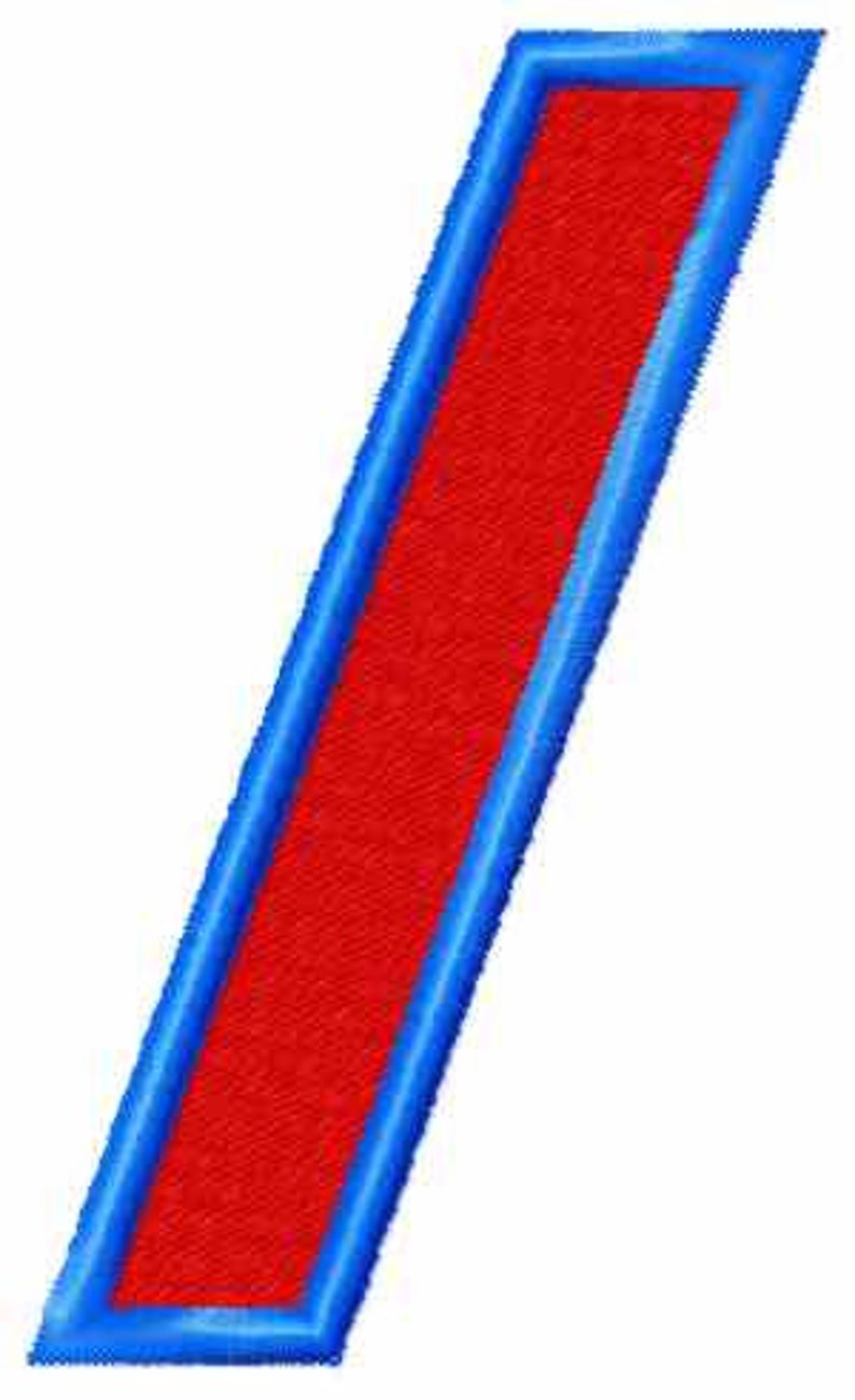 May include: A diagonal slash symbol patch featuring a vibrant red center fill surrounded by a thick, textured blue embroidered border. The shape is elongated and slanted, with clean, stitched edges defining the rectangular-like form.