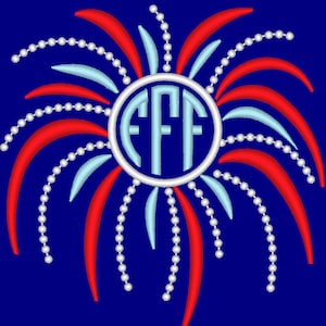 May include: A white circle with the letters "FFF" in light blue inside, surrounded by red and light blue firework shapes with white beads.