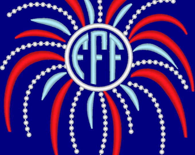 Fireworks circle shape monogram frame 4th of July, firework machine embroidery designs, awesome patriotic kids outfit monogram font frame