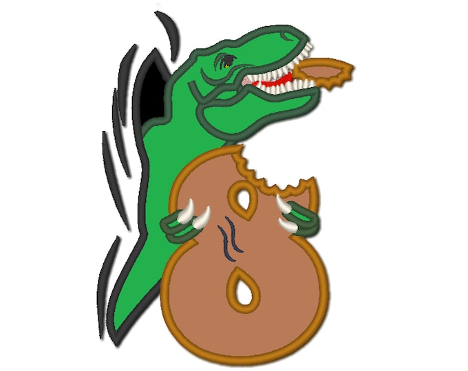 T-rex Birthday number 8, bitten number eight rex dinosaur coming out from hole, boy kids machine embroidery applique designs assorted sizes