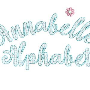 May include: Embroidered design featuring the text "Annabelle Alphabet" in a blue cursive font with pink flower accents.