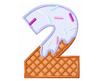 Cono de gofre de helado Cumpleaños Número 2 DOS diseños de bordado de máquina de apliques en tamaños variados cumpleaños de bebé segundo mi monograma de 2a fiesta