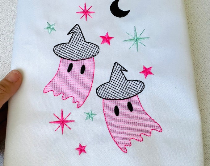 Light stitch Little Ghosts with moon and stars Halloween machine embroidery designs light stitch ghost 4, 5, 6, 7, 8" kids spooky cute Ghost