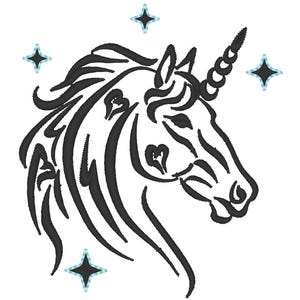 Motifs de broderie machine silhouette licorne magique, tailles et formats de broderie assortis, beau cheval magique féminin avec corne et étoiles