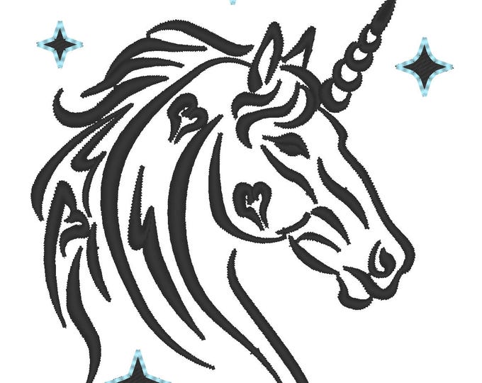 Magic unicorn silhouette machine embroidery designs, assorted sizes and embroidery formats, beautiful girly magic horse with horn and stars