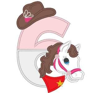 Chica de granja, granjera, vaquera, vaquero, caballo y sombrero, aplique número 6, SEIS diseños de apliques de bordado a máquina, 5 x 7, 5, 6 y 7 pulgadas