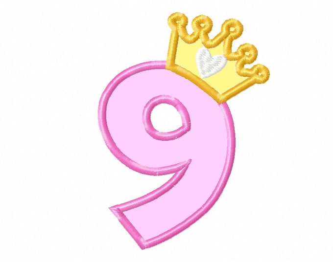 Princess crown Birthday Number 9 NINE Tshirt kids party outfit Applique machine embroidery designs 9 months years little girl baby onesie