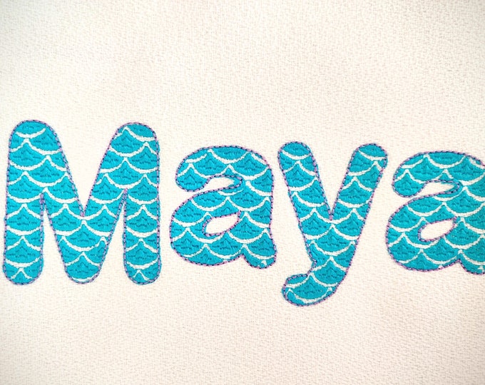 Mermaid scallops block font machine embroidery designs alphabet letters 1.5, 2, 3, 4" mermaid scalloped tail seaside kids monogram, BX incl