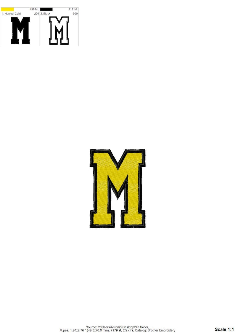 May include: An embroidered letter M design featuring a yellow fill with a thick black outline. The design measures 1.94 inches by 2.76 inches. The color palette includes Harvest Gold and Black, with a total stitch count of 7,179 stitches.