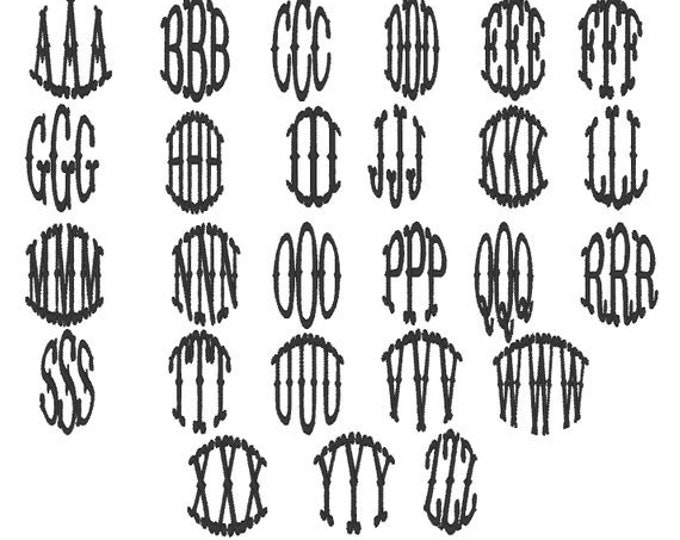 Circle monogram font in assorted sizes Fishtail western Farm embroidery circle monogem alphabet, monogram
