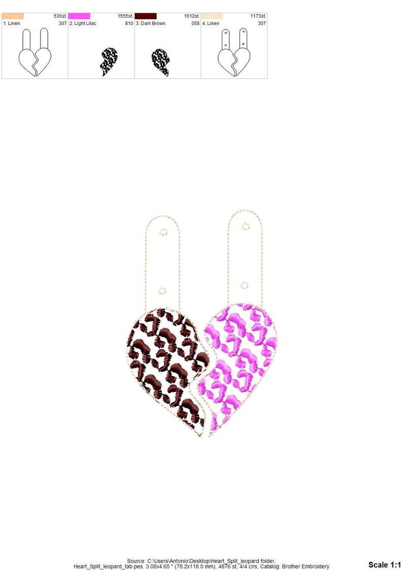 Close-up stitch detail for Leopard print Split Heart Eyelet and Key Fob Snap Tab keychain in the hoop machine embroidery designs ITH Valentines Instant Download By Fonts Heaven Embroidery Format PES HUS DST JEF EXP VP3 XXX EXP