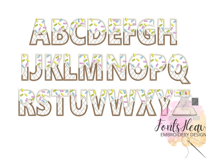 Applique ice cream FONT Alphabet letters in assorted sizes Ice-cream cone kids name monogram machine embroidery designs kids party birthday
