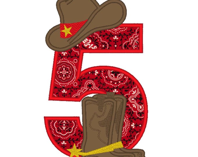 Farm famer Cowboy rodeo cowboy boots and hat applique number 5 girls boys machine embroidery designs for hoop 5x7 sizes 5, 6 and 7 inches
