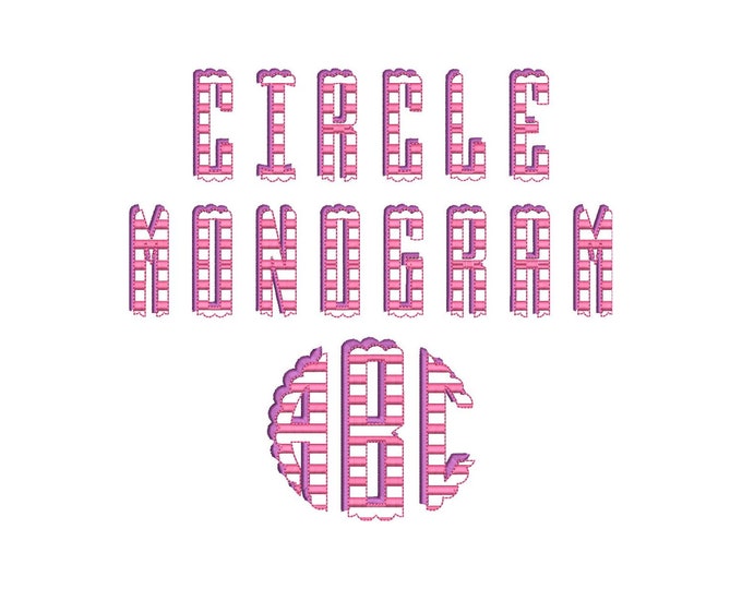 Scalloped Circle Monogram Striped Shadowed FONT machine embroidery designs, classic three letter round monogram letters in many sizes, BX