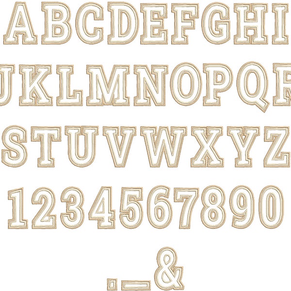 Nice Sport-Schriftart mit zwei Umrissen. Maschinenstickerei mit doppeltem Umriss, Alphabet-Satinstich, 2 Zeilen, Doppelschrift, BX-Stickerei enthalten