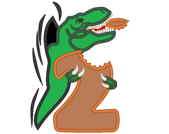 T-rex Birthday number 2, bitten number two rex dinosaur coming out from hole, boy kids machine embroidery applique designs assorted sizes