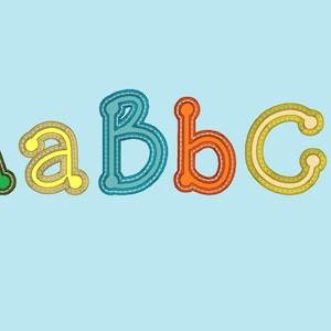 May include: A colorful alphabet with stitched edges. The letters are A, a, B, b, C, c. The letters are in shades of green, yellow, blue, orange, and red.