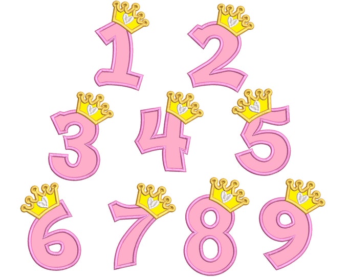 Princess crown Birthday Numbers kids baby girl T-shirt party outfit Applique machine embroidery designs SET of 1-9 months years little girl