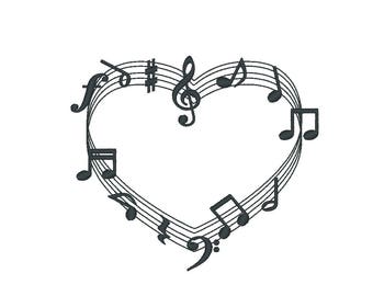 Music love, music lover monogram heart frame and musical notes, machine embroidery designs in assorted sizes, heart shape frame music note