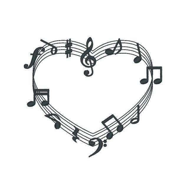 Music love, music lover monogram heart frame and musical notes, machine embroidery designs in assorted sizes, heart shape frame music note