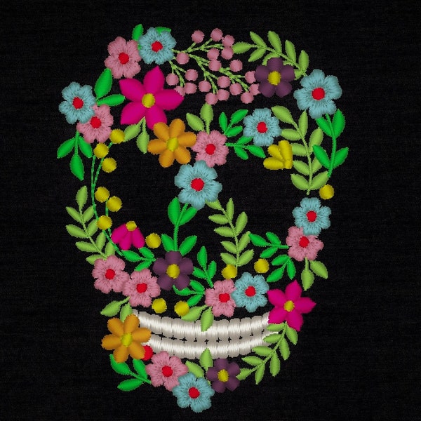 Skull with flowers, Floral Skull Calavera Day of the Dead machine embroidery designs in assorted sizes, Halloween blossom flowered skull