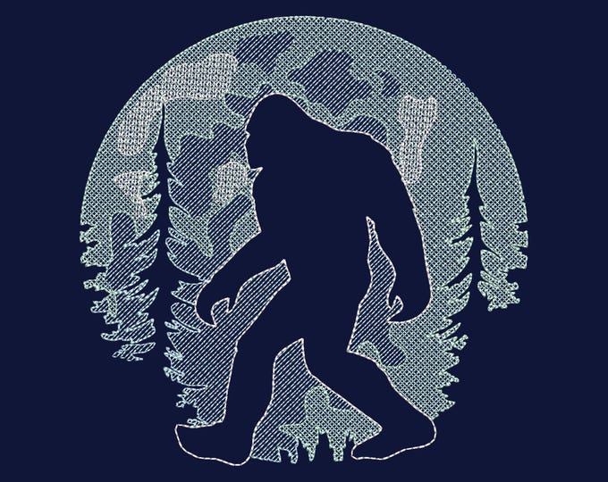 Yeti Sasquatch Bigfoot silhouette outline in Moonlight embossed effect terry towel machine embroidery designs sizes for hoop 5x7 and 6x8