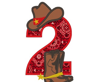 Farm farmer Cowboy rodeo cowboy boots and hat applique number 2 machine embroidery applique designs 5x7 5, 6 and 7 inches